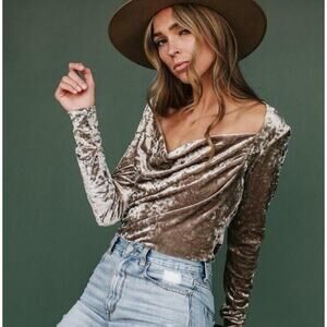 Free People Perfect Date Top M Crushed Velvet‎ Stretch Bodycon Square Neck Taupe